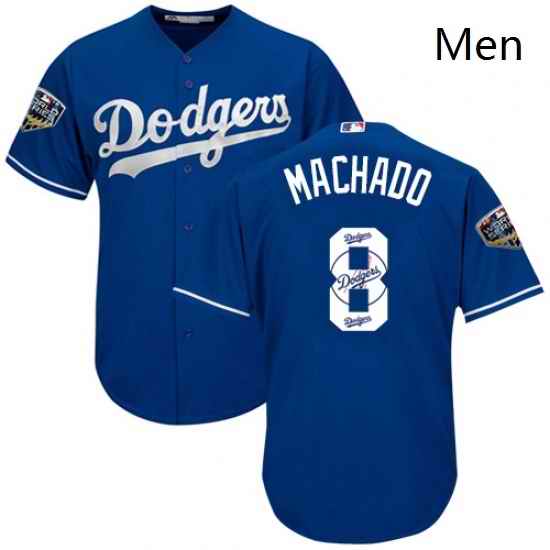 Mens Majestic Los Angeles Dodgers 8 Manny Machado Authentic Royal Blue Team Logo Fashion Cool Base 2018 World Series MLB Jersey